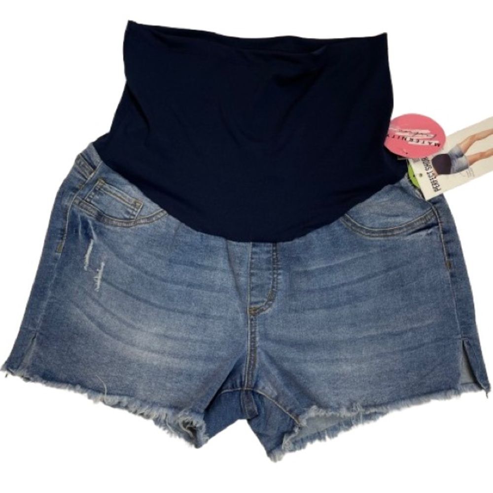 NWT S.O.N.G Maternity Jean Shorts Over the Belly Stylish Frayed Size XL